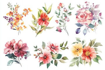 Obraz premium Colorful watercolor illustration of various flower bushes on a plain white background showing beauty of nature