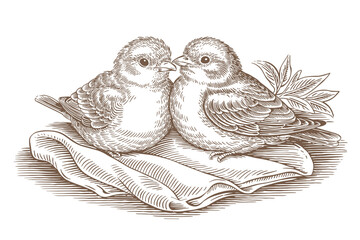 Vintage engraving of two small birds sitting together on a piece of cloth in a classic style, nature and wildlife concept