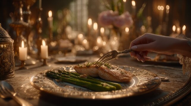 Woman eating small portion of grilled salmon and asparagus at candlelit dinner. Mindful eating and healthy lifestyle concept. Conscious food choice for nutrition and weight management.