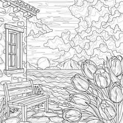 Obraz premium House and tulips by the sea.Coloring book antistress for children and adults. 
