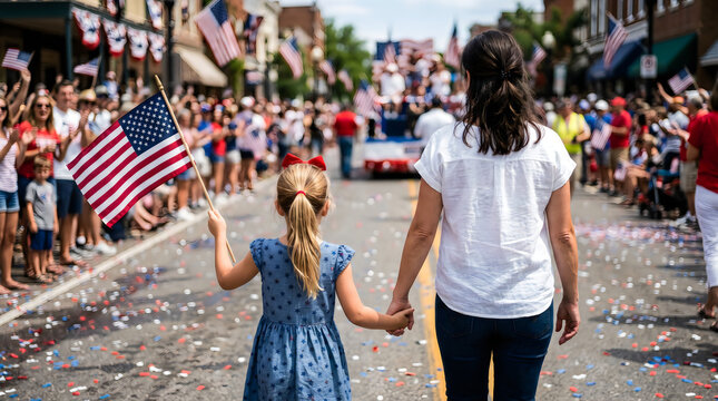 Family holding hands waving american flag at parade