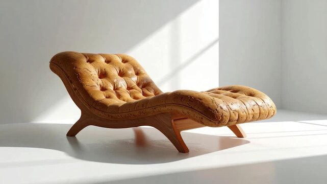 A tufted, tan chaise lounge with wooden frame in a sunlit white space