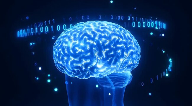 Glowing Blue Digital Brain with Binary Code Orbiting and Particles in Dark Futuristic Abstract Background Dynamic Neural Network Concept