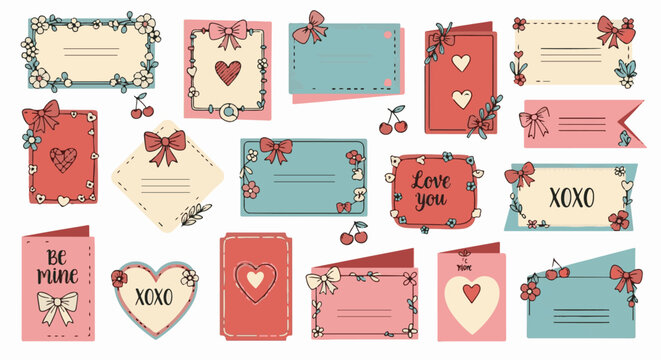 Collection of decorative Valentine's Day cards with hearts, bows, and flowers