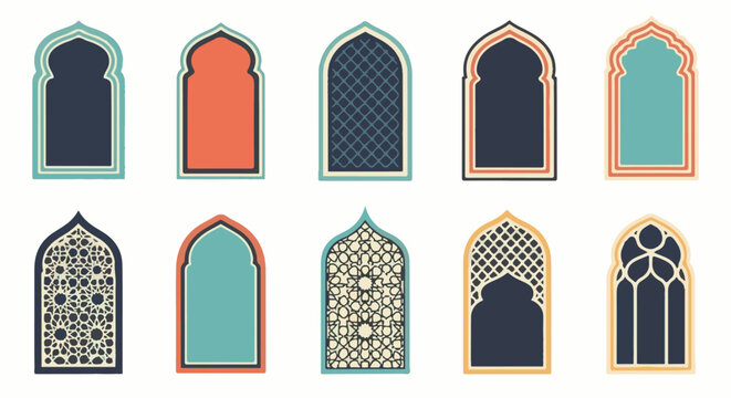 Collection of decorative Islamic architectural window frames in warm tones