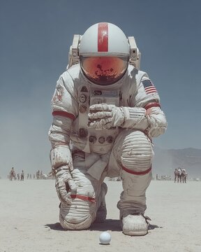 Astronaut kneels on Martian surface playing golf with an American spacesuit on.