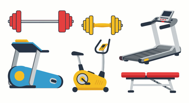 Collection of exercise equipment including treadmills, weights, and a bench