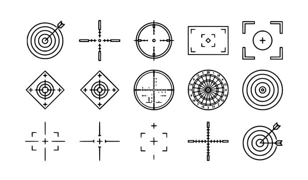 Thin line target and precision vector icon set with 12 scalable bullseye, crosshair, and reticle symbols