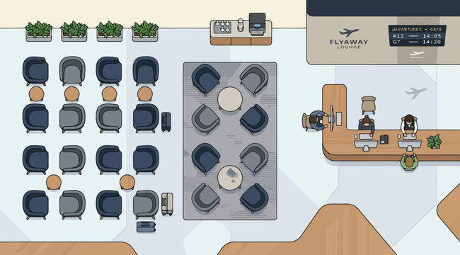 Flyaway lounge airport waiting area illustration with reception desk, seating area, coffee station, and departure board top view