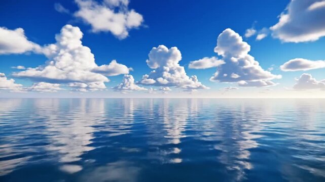 Tranquil blue ocean expanse reflecting a vibrant azure sky adorned with majestic white cumulus clouds, creating a serene and boundless natural horizon