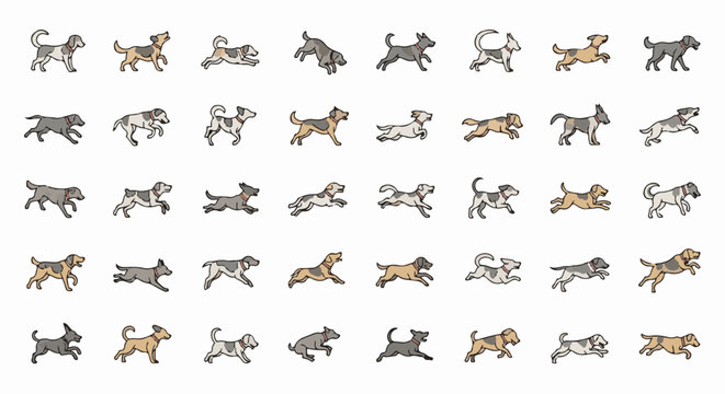 Collection of pixel art dogs in various running and jumping poses