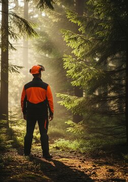 Forester in safety gear standing in misty spruce forest at dawn, conveying solitude and natural beauty