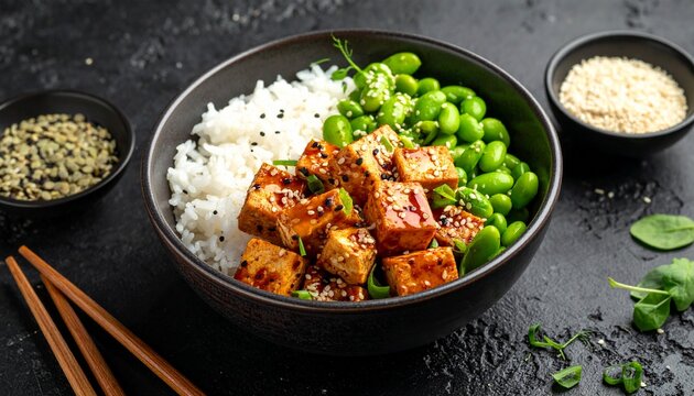 Asiatische Bowl mit mariniertem Tofu, Reis, Edamame und Sesam