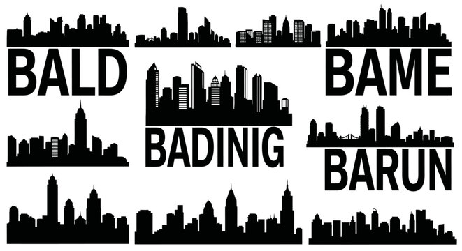Cityscape Silhouettes with Text Overlays - BALD, BADINIG, BAME, BARUN.