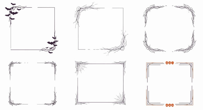 Collection of six Halloween-themed decorative frames with bats, branches, and cobwebs