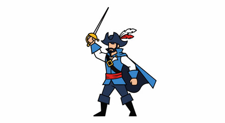 Fototapeta premium Cartoon musketeer with sword raised in victory pose