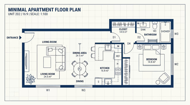 Minimal apartment floor plan unit 202 with living room, dining area, kitchen, bedroom, and bathroom