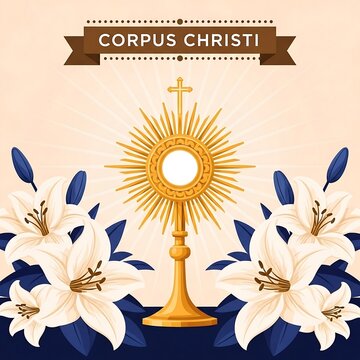 Corpus christi celebration with golden monstrance and white lilies on a peach background with blue leaves and a brown banner