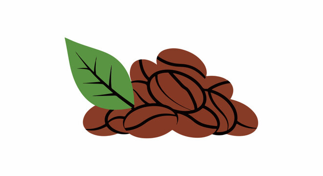 Brown coffee beans with a green leaf on a white background