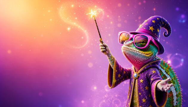 Wizard chameleon casting magic spell with wand, fantasy hero banner