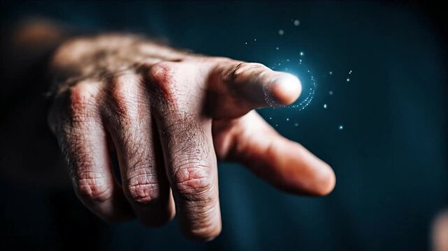 Human hand touching futuristic digital interface with glowing light