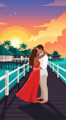 Fototapeta premium Romantic vector illustration of a couple embracing on a pier at sunset, with overwater bungalows and tropical scenery