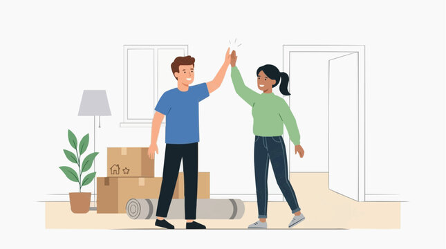 Couple celebrating high five moving into new home with boxes and plant vector style