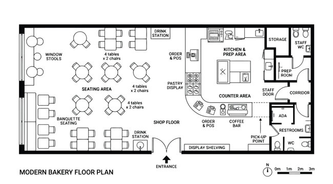 Modern bakery floor plan with seating area and kitchen