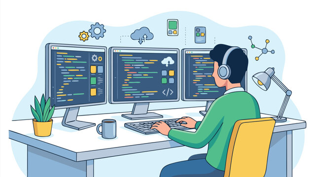 Flat vector illustration of a professional software developer sitting at a desk with three monitors displaying lines of code, cloud computing icons, and mobile app development interfaces in a modern