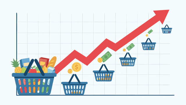 Vector illustration of a rising inflation graph with shopping baskets shrinking in size and contents, depicting the economic crisis, high cost of living, and reduced consumer purchasing power.