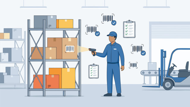 Warehouse Worker Scanning Boxes on Shelves with Handheld Barcode Scanner for Inventory Management, Logistics, and Supply Chain Illustration featuring Forklift, Conveyor Belt, and Checklists.