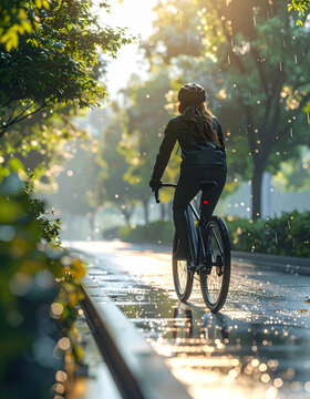 Eco commuter rides electric bicycle through city park in rainy season morning with joyful expression and lush green scenery