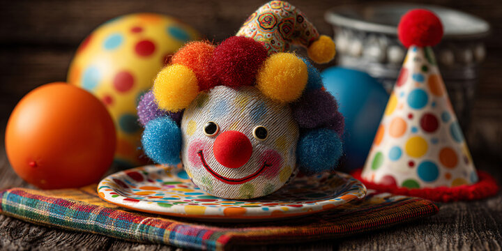 Colorful Clown on Plate with Decorations April Fools
