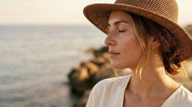 Young freckled woman with closed eyes wearing straw hat by the ocean at sunset