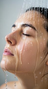 Woman taking cold shower on neck for vagus nerve stimulation. Hydrotherapy technique to activate parasympathetic nervous system and reduce stress. Wellness practice for emotional health.