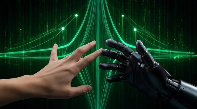 Human Hand Reaching Towards Robotic Hand Amidst Digital Matrix Code Descending Green Background Futuristic Technology Concept