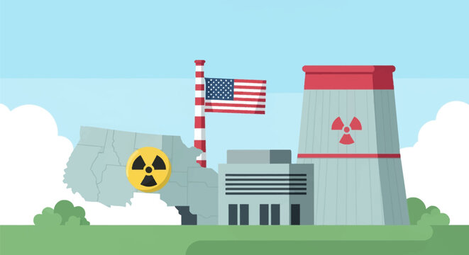 Flat vector illustration of nuclear power infrastructure in the United States featuring a large cooling tower with radiation symbol, industrial building, American flag and map.