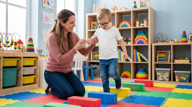 Young boy in neck brace practicing balance on colorful foam blocks with a female therapist in a bright playroom.