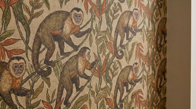 Detailed close-up of a vintage-style wallpaper or fabric pattern featuring multiple capuchin monkeys climbing through lush green and brown foliage.