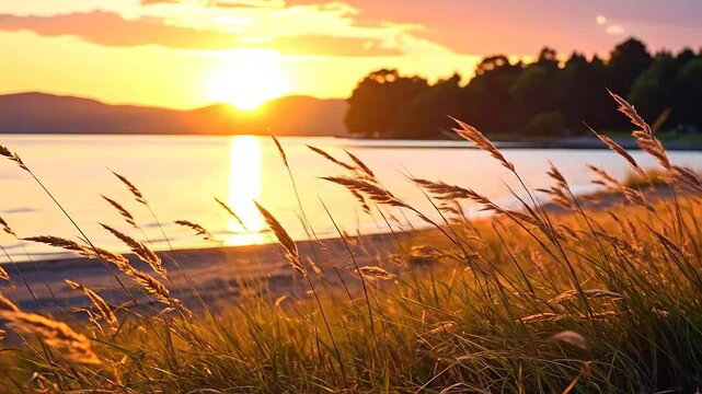 Beautiful golden sunset over the calm water with tall grass in the foreground at dusk