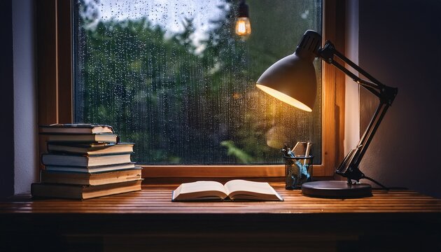 a cozy dimly lit study with a desk lamp and books on a rainy day