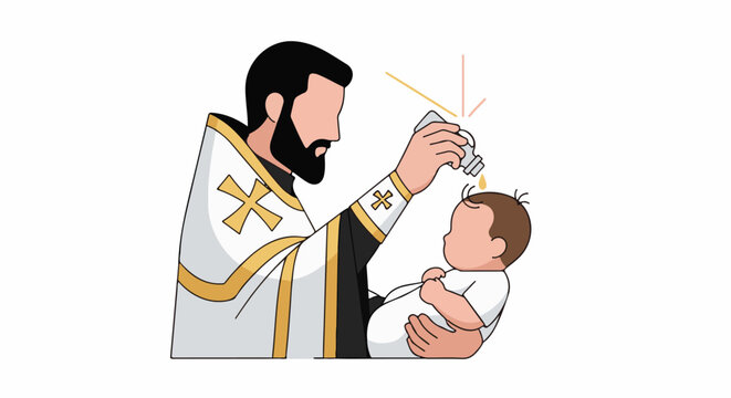 Clergy member anoints infant with holy oil, a religious ritual