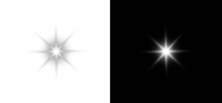 White sparkle light effect isolated on transparent background. Glowing silver white light. Shining star, light spark with rays. Light sparkle bling effect. Light PNG. Flare light, lens flare