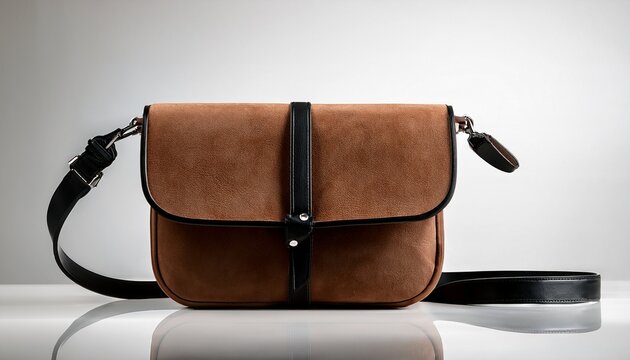 stylish brown suede shoulder bag with black leather strap on white background