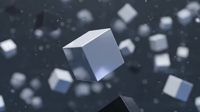 Abstract background of many floating geometric cubes in a dark, blurred environment