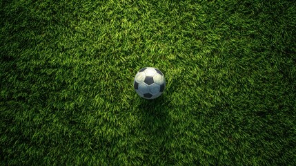 Obraz premium Soccer ball resting on lush green grass field viewed from above