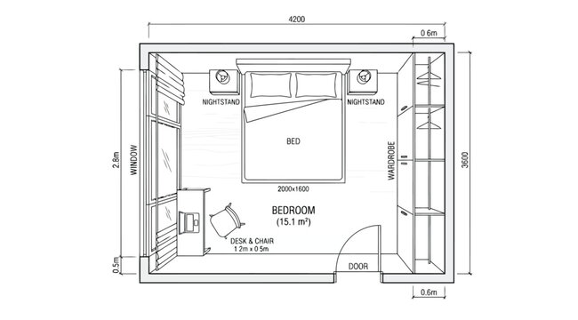 Technical floor plan layout of a 151 square meter bedroom