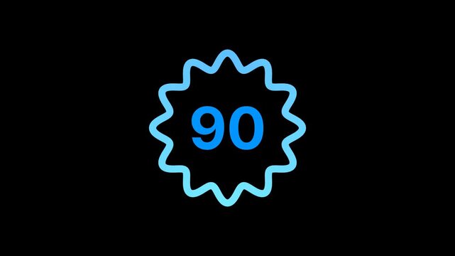 Vibrant blue digit 90 encased in a dynamic, retro-style jagged starburst frame, perfect as a digital badge for scores, percentages, or a milestone marker