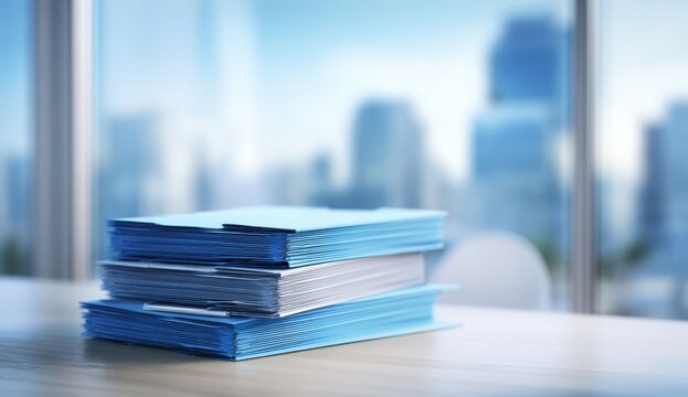 Stack of blue office document files arranged on a wooden desk in a modern office setting
