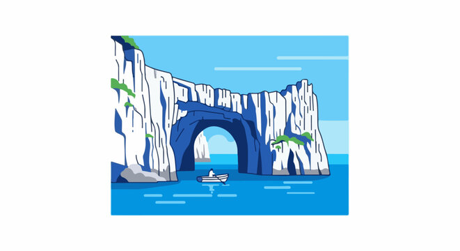Boat navigates through a natural arch in majestic seaside cliffs under a blue sky